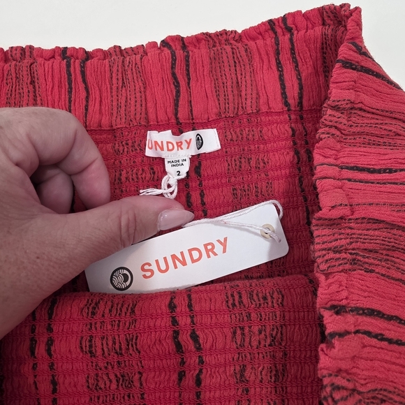 NWT Anthropologie Sundry Smocked Tiered Ruffle Mini Skirt Red Striped Size 2 - Picture 2 of 5